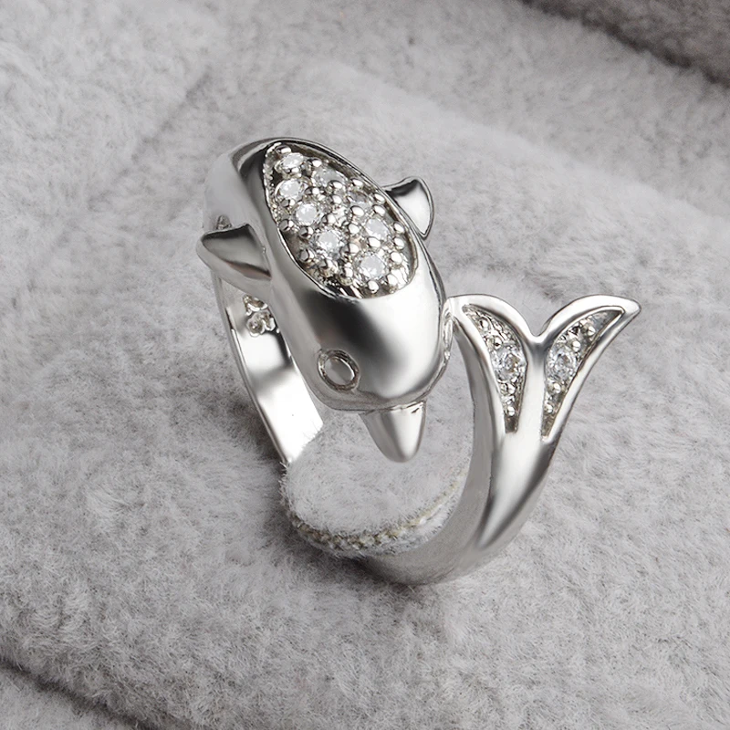 

Top Quality Cute Dolphin Cubic Zircon Crystal Opening Rings For Women Fashion Bridal Wedding Jewelry 925 Sterling Silver
