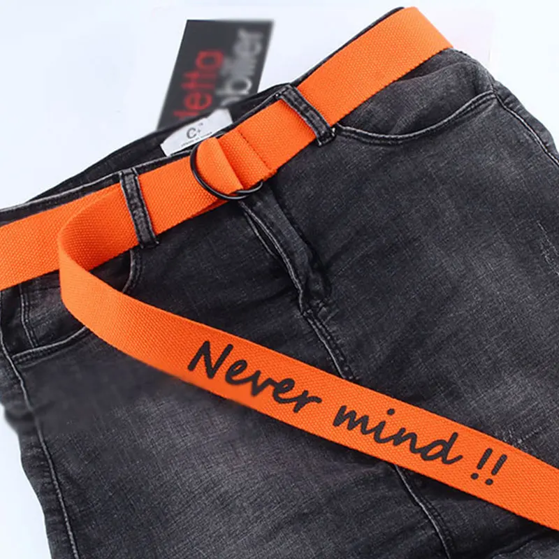 Новинка,, пояс с буквенным принтом «NEVER MIND», ремень для пары, тонкий холщовый ремень для мужчин и женщин, 3,8*130 см, круглая пряжка, пояс