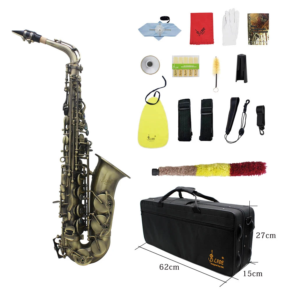 

High Grade Antique Finish Bend Professional Eb E-flat Alto Saxophone Sax Shell Key Carve Pattern with Case Gloves Straps Brush