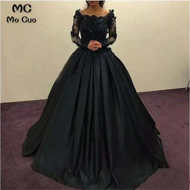 ED0424-Exquisite-Navy-Blue-Black-Ball-Gown-Off-Shoulder-Long-Sleeves-Beaded-Appliques-Gowns-Evening-Dress (1)