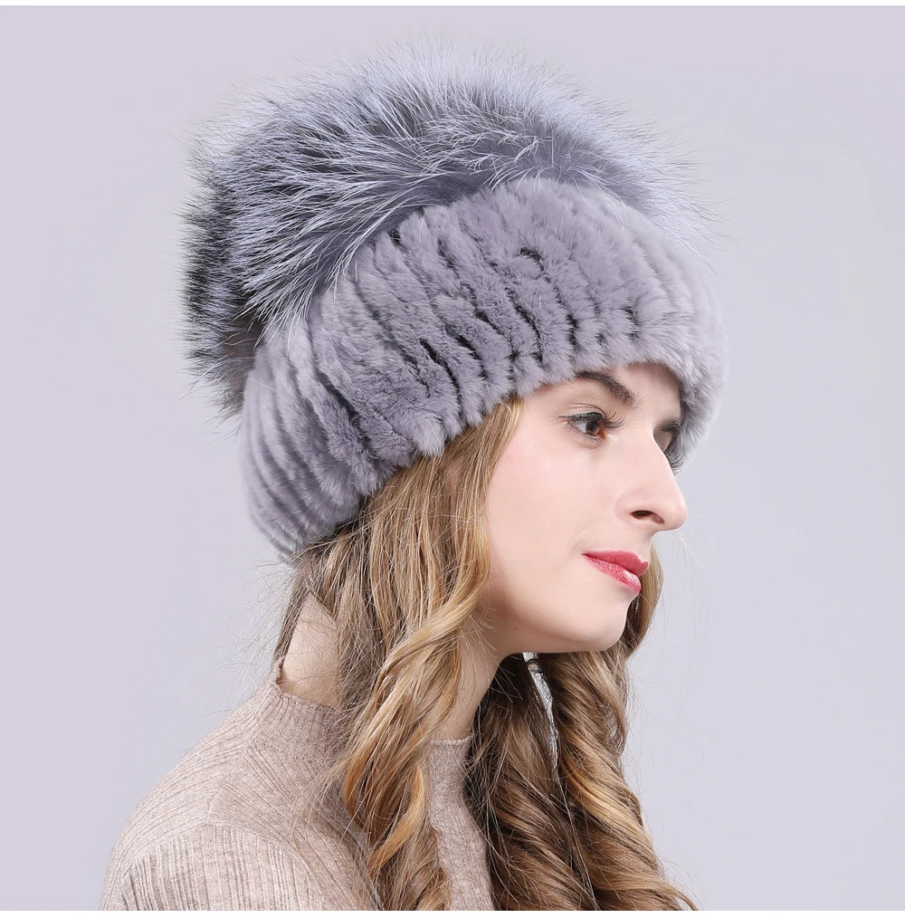 Outdoor Women Warm Soft Genuine Rex Rabbit Fur Hat Knitted Natural Real Sliver Fox Fur Caps Winter Real Rabbit Fur Beanies Hats