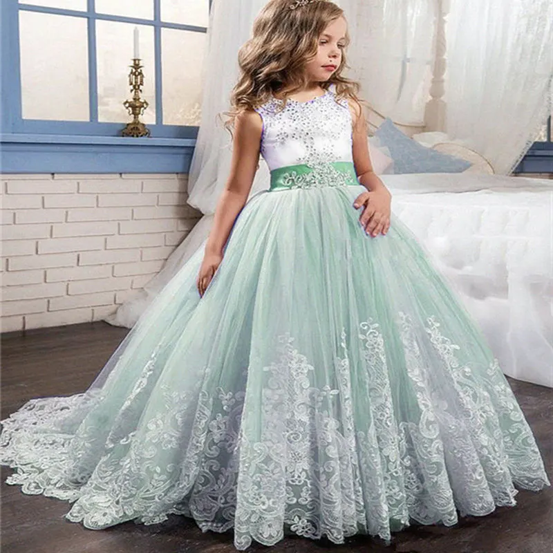 

Flower Girl Dresses With Bow Beaded Crystal Lace Up Applique Ball Gown First Communion Dress for Girls Customized