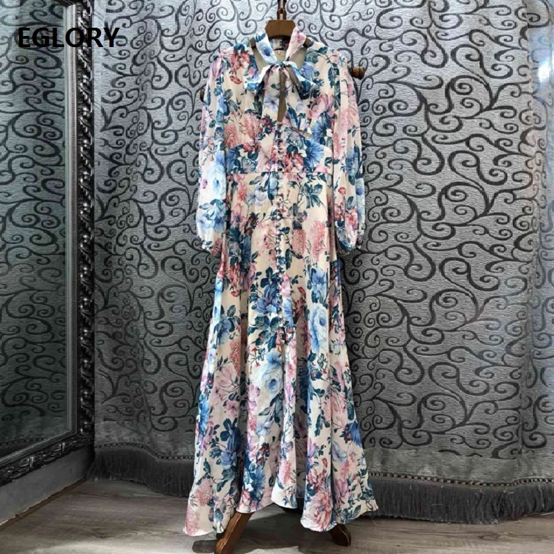 

100%Linen Long Dress 2019 Autumn Fashion Women Bow Collar Elegant Flower Print Tunic Buttons Long Sleeve Maxi Dress Floor Length