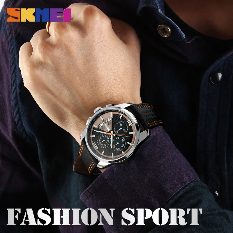 SKMEI новые модные мужские часы Аналоговые кварцевые наручные часы 30 м Водонепроницаемый Chronograph Date leather группа Relogio masculino 9106