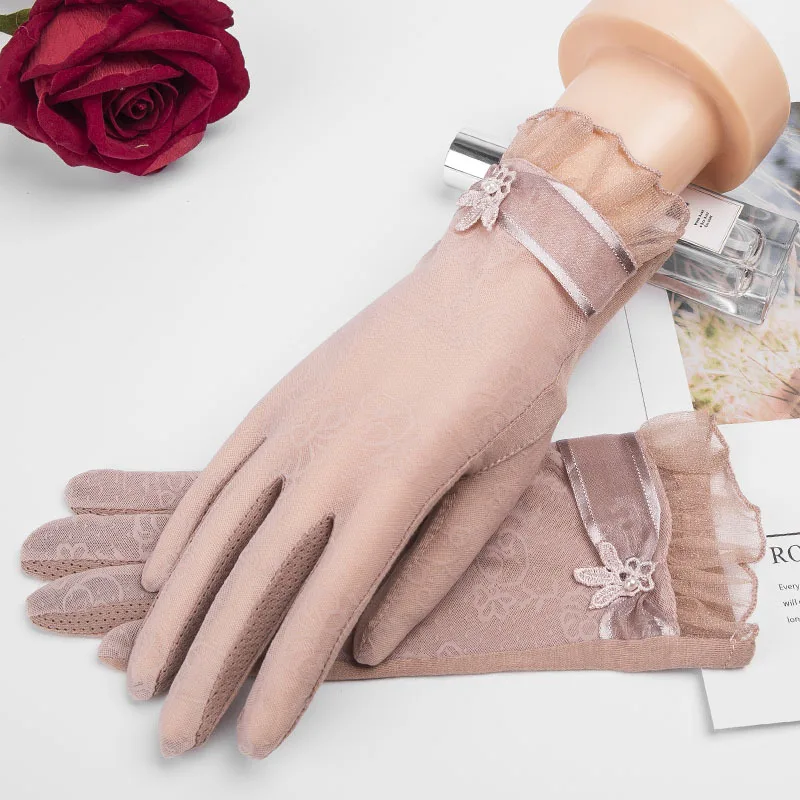 Кружевные летние солнцезащитные Короткие наручные перчатки, весенние модные перчатки с сенсорным экраном и УФ-защитой от солнца, перчатки для вождения автомобиля, вечерние женские перчатки Guantes Mujer - Цвет: Pearl Skin Pink