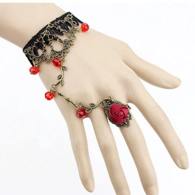 

Gothic Jewelry Women Steampunk Red Rose Flower Bangle Vampire Lace Bracelet 5B282