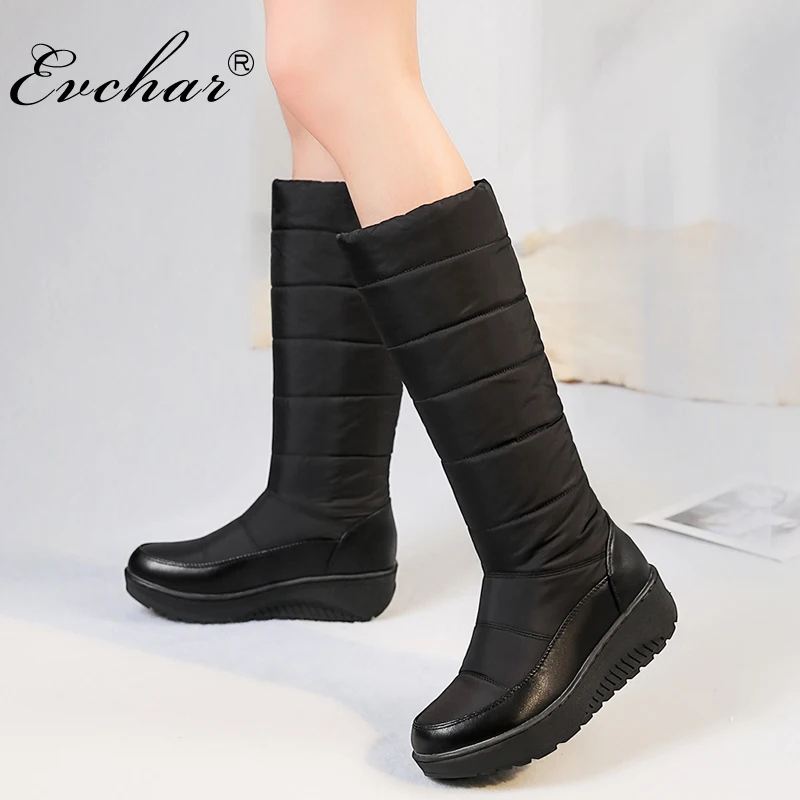

EVCHAR new winter keep warm women mid-calf snow boots slip-on Down cloth ladies fashion med heels fringe shoes big size 35-44