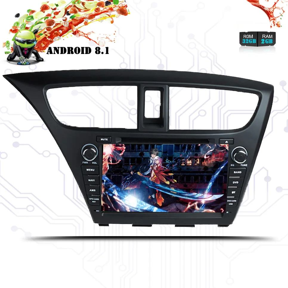 Sale 8 inch Android 8.1 Car Radio DVD GPS Multimedia Stereo For Honda Civic Hatchback 2013 2014 2015 Auto Navigation Cassette Player 3