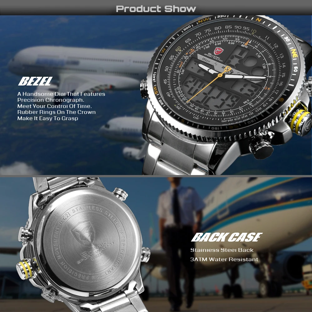 Winghead SHARK Спортивные часы Роскошные ЖК-аналоговые часы с датой и будильником из нержавеющей стали Кварцевые часы для бега мужские цифровые часы/SH327N