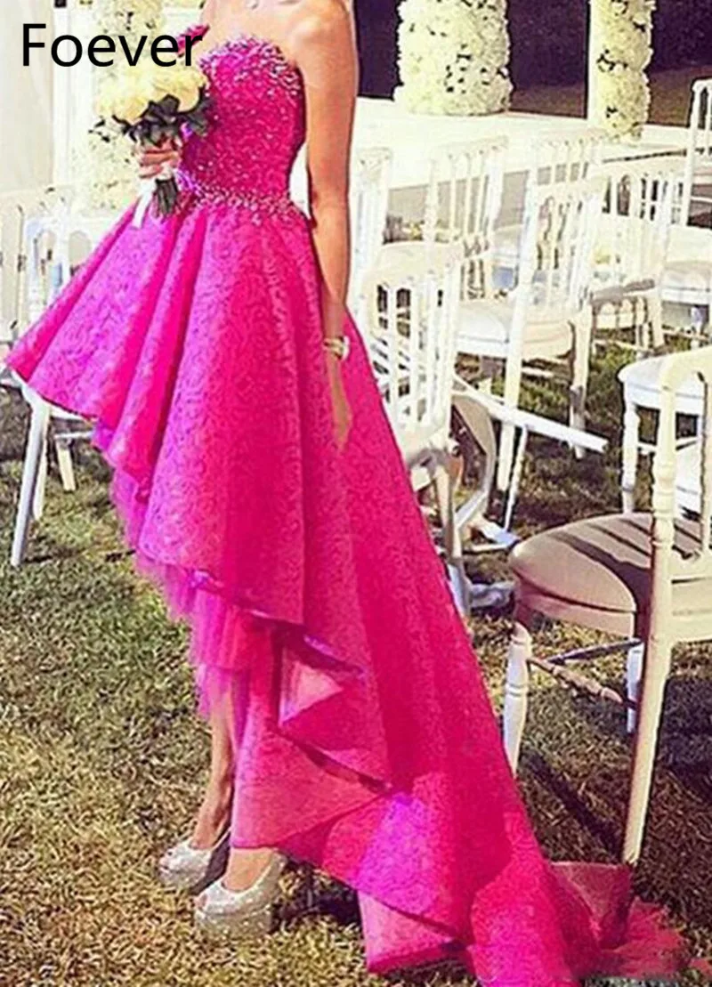 

Fushia Prom Dresses Arabic Lace High Front and Low Back Sweetheart Neckline Backless Lace Crystal Hi-Lo Evening Gowns