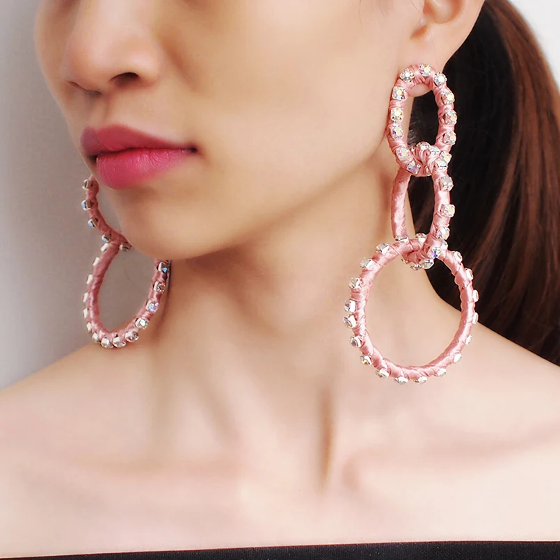 MANILAI Trend Big Circular Crystal Dangle Earrings Fashion Charm Silk Thread Wrap Alloy Statement Earrings For Women Jewelry