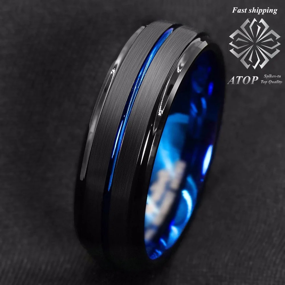 8MM Black Brushed Ladder Edge Tungsten Ring BLue Stripe ATOP Mens Wedding Band