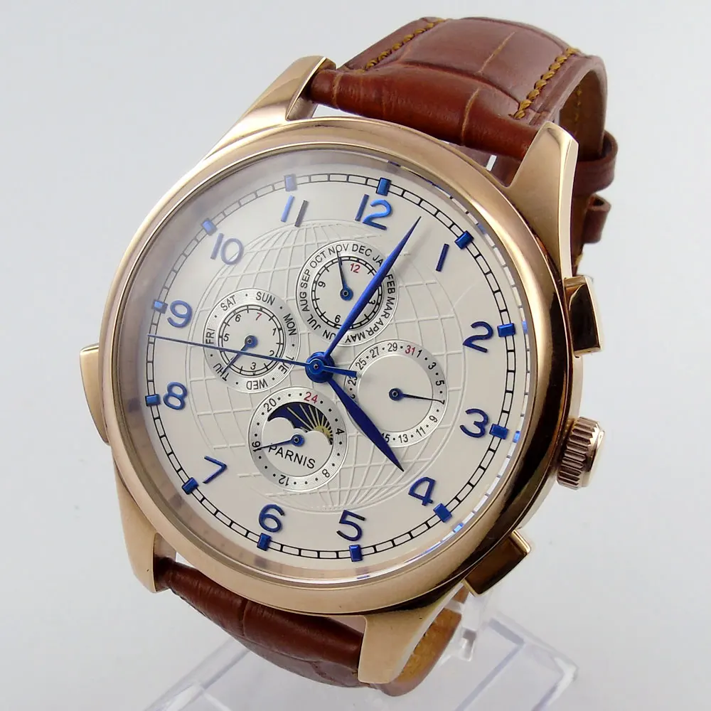 

44mm parnis White Dial Moon Phase Leather strap Date Window Rose Golden Plated Blue Marks Automatic Movement Men's Watch