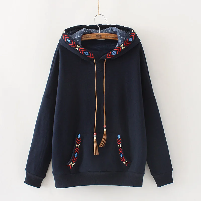 

Japanese Mori Girl Harajuku Vintage Retro Casual Embroidery Fringes Knitted Cotton Thick Warm Fleece Women Hoodies Sweatshirts