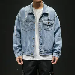Новые однотонные повседневные облегающие мужская джинсовая куртка XL 5XL куртка-пилот/мужские высокого качества отверстие джинсовая куртка