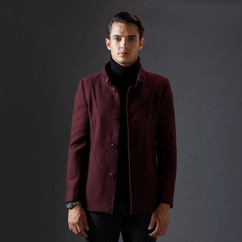 Новинка, деловое повседневное шерстяное длинное Мужское пальто, шерстяное зимнее теплое Мужское пальто, тонкое модное однобортное Мужское пальто, куртка - Цвет: Wine Red