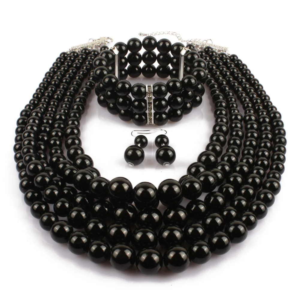 Модные Преувеличенные жемчужные пряди ожерелье серьги браслет из бисера 3 богемный многослойный Кристалл жемчужные Ювелирные наборы для женщин - Окраска металла: black