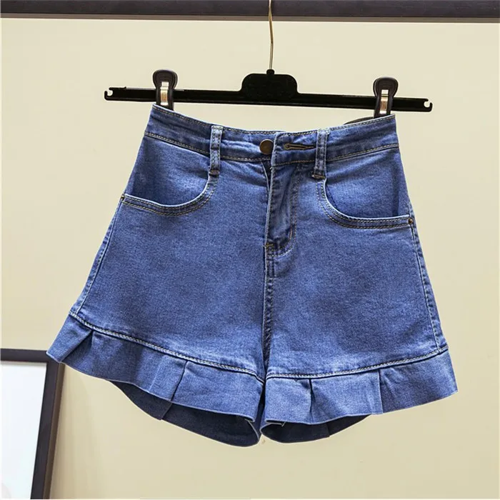 Light blue Летние Джинсовые шорты женский новые свободные тонкие студент Шорты для девочек с оборками дикий c высокой талией, эластичные женские джинсовые шорты JIA273 - Цвет: Light blue