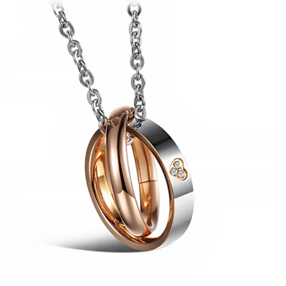 Heart & Cross Lovers Necklace,Couple Interlocking CZ 18KGP Ring Pendant Necklace 
