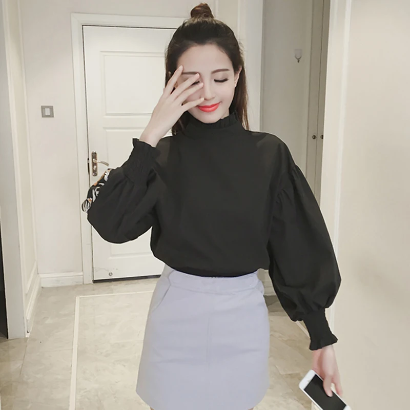 Women Blouses Solid Embroidery Ruffled Stand Collar Full Length Lantern Sleeves Woman Shirts 2019 Flower Loose Casual Female Top