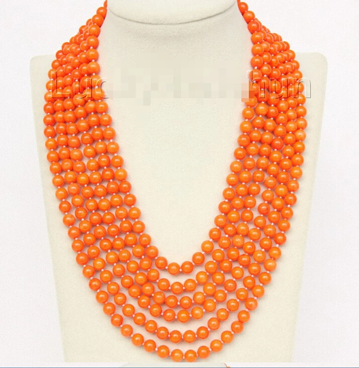 

FREE shipping>>> >>>16"-21" 6row 7mm round orange yellow coral necklace magnet clasp j9778 6.07