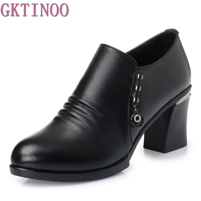 Women's Genuine Leather Thick High Heels New High Quality Shoes Classic Black Pumps Shoes for Office Ladies Shoes