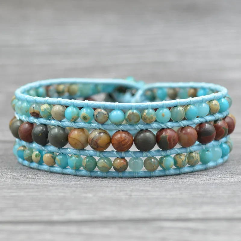 

Bohemian Style Blue Natural Stone Bracelet Handmade Beaded Bracelet Men's and Women's Charm Simple Chakra Multilayer Bracelet