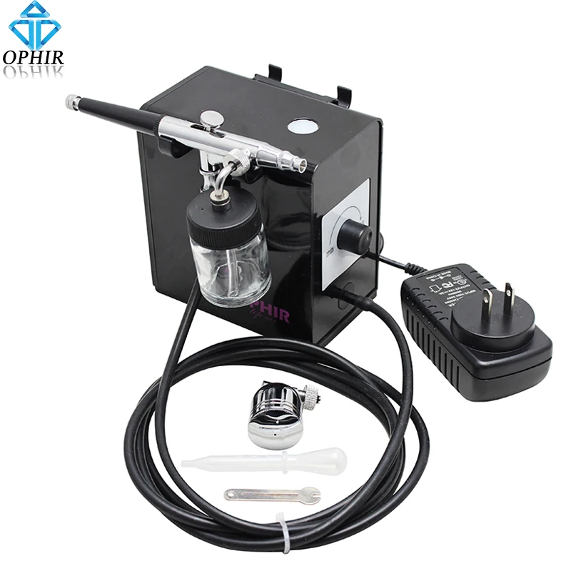 OPHIR Adjustable Black Mini Air Compressor Kit 0.3mm Dual-Action Airbrush Cake Decorating Tattoo Makeup Nail Art_AC095B+AC005