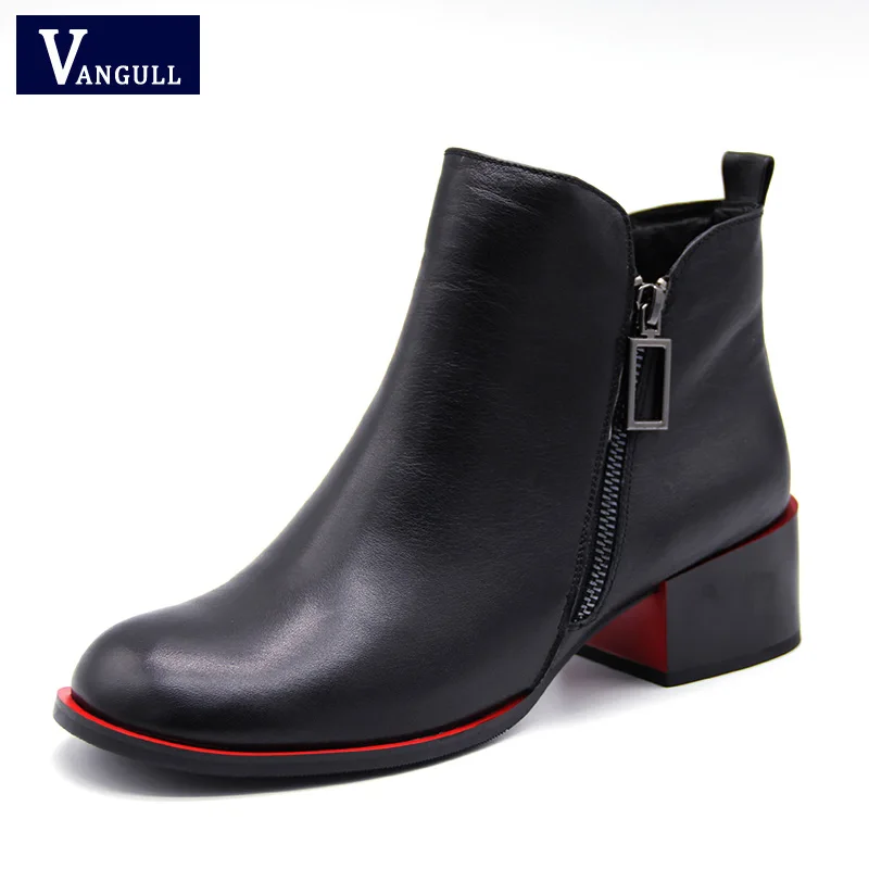 

Vangull Winter Square heel Round Toe Women Genuine Leather Buckle Ankle Boots Kitten Heel Oxford Boots Side Zipper Casual Shoes