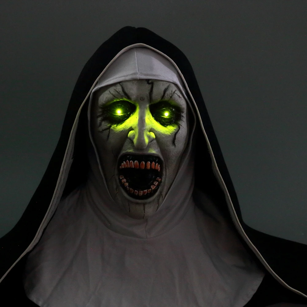 The Nun Mask Horror Mask With Scary Voice With Led light Cosplay Valak Latex Masks With Headscarf Helmet Halloween Party Props (5)