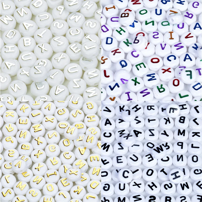 100Pcs 10mm Gold Silver Black Colorful Letters Acrylic Round Alphabet Spacer Beads For Jewelry Making DIY Bracelet | Украшения и