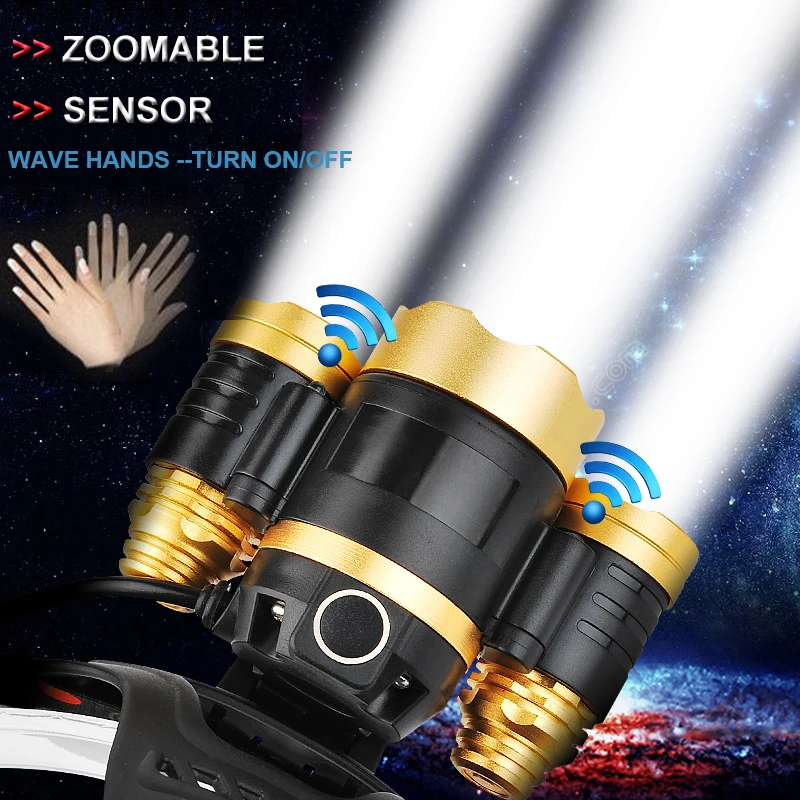 

LED Headlamp 3 T6 Sensor Fishing Head Lamp 30000 Lumen Zoomable Head Torch Headlight Head Flashlight Outdoor Hiking Night Light