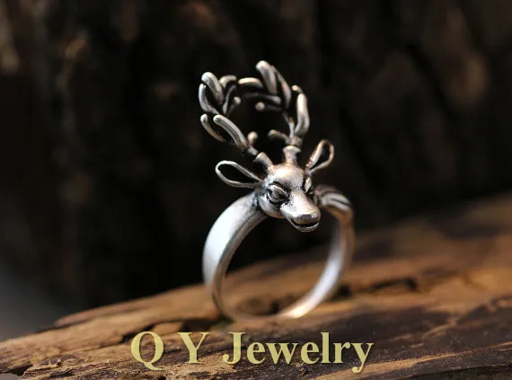 

Fei Ye Paws New Vintage Silver Mid Finger Wild Retro Deer Wedding Ring Boho Adjustable Brass Knuckle Antler Deer Rings For Men