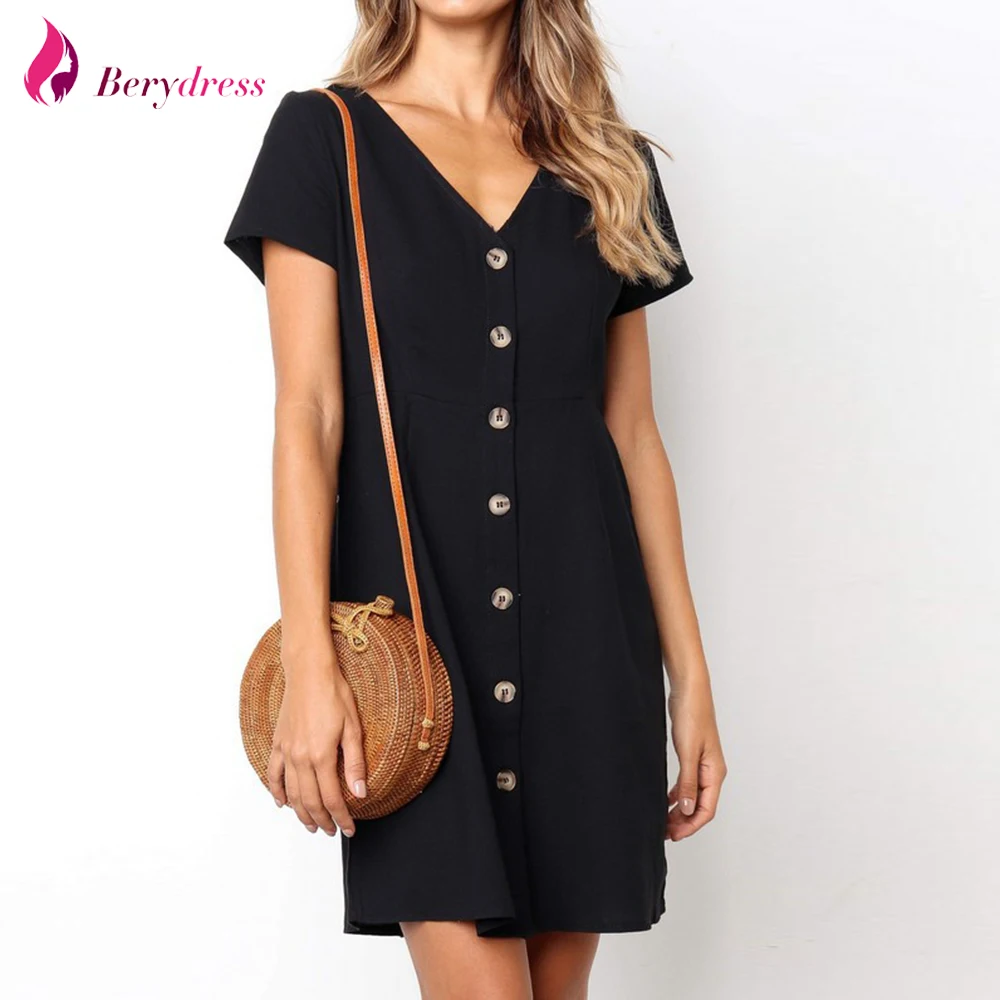 Женское платье на пуговицах Berydress черное с коротким рукавом и треугольным