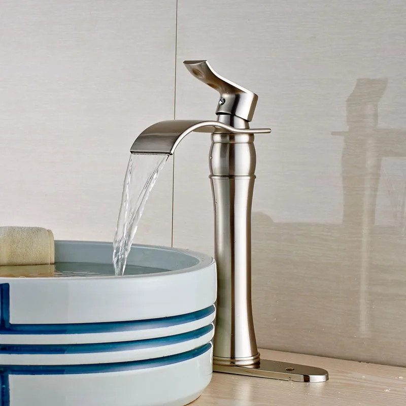 

Wholesale And Retial Brushed Nickel Basin Faucet Deck Mount Waterfall Spout Mixer Faucet W/8" Cover Plate