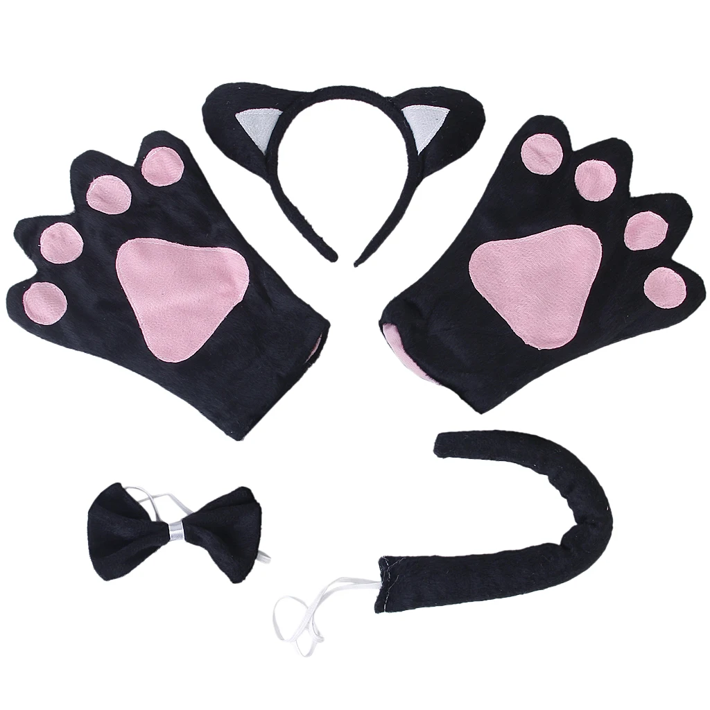 New Black Cat Cosplay Christmas Halloween Costume Outfit Headband Gloves Tie Tail 4pcs Set