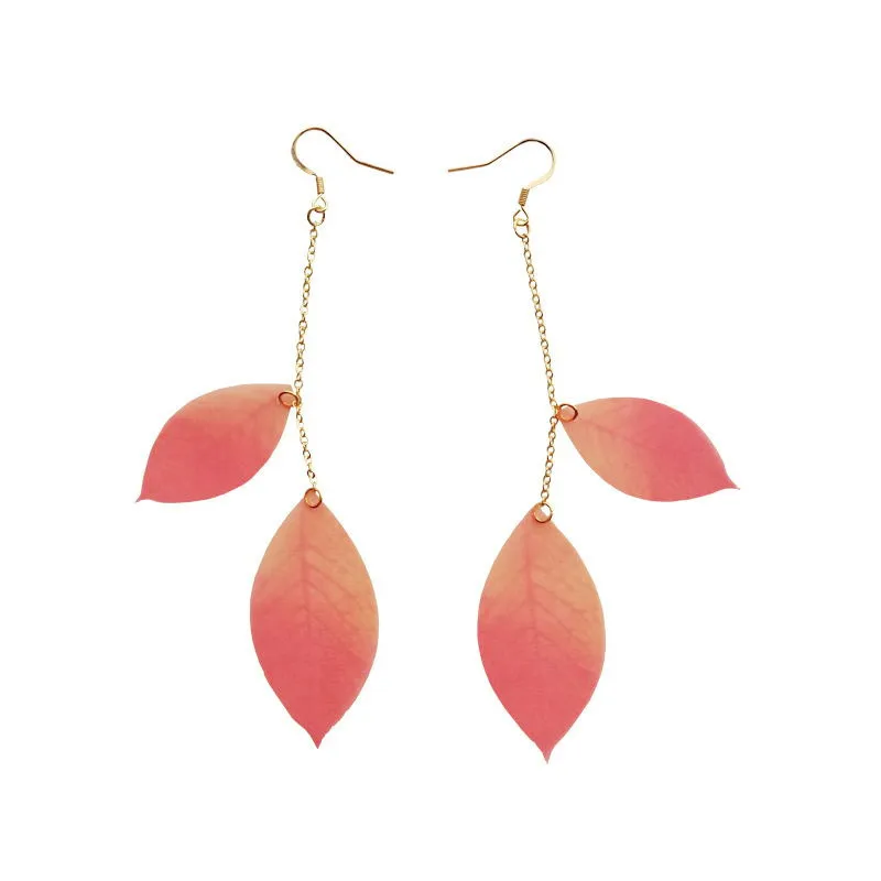

Free Shipping Popular Women's Jewelry Red Green Silk Leaf Pendant Women's Long Earrings No ear hole Ear clip Women's Fashion