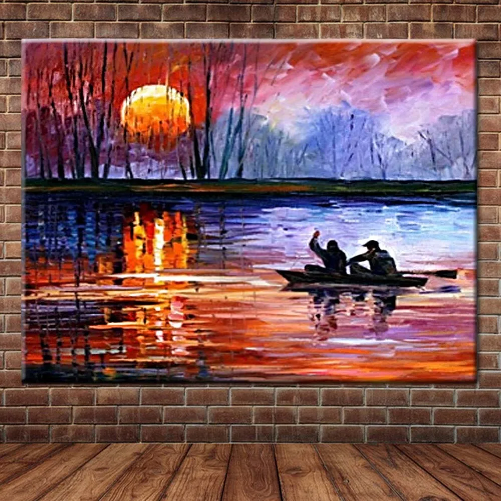 

Hand Painted Abstract Art Sunset Boat Landscape Canvas Palette Knife Oil Painting Wall Picture Living Room Home Wall Decoration