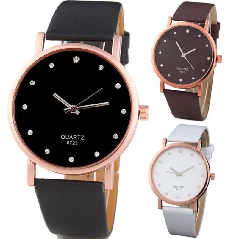 

Fast sending Fashion Style Women's Diamond Case Leatheroid Band Round Dial Quartz Wrist Watch Female Dress Drop shiping