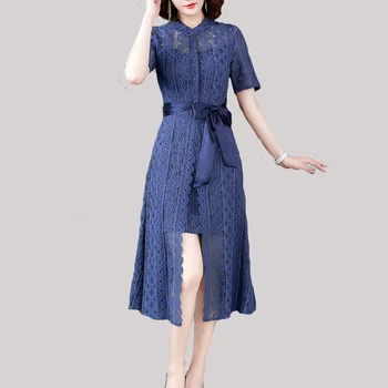 

womens woman ladies Designer summer sexy blue lace short-sleeves slim A-Line Casual Office work Cocktail party Swing beach dress