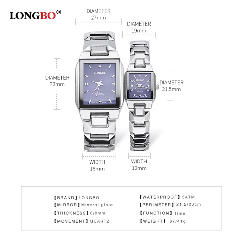 

LONGBO Top Brand Fashion Square Case Stainless Steel Band Women Watch Men Business Couple Wristwatch Quartz Analog Clock 867A