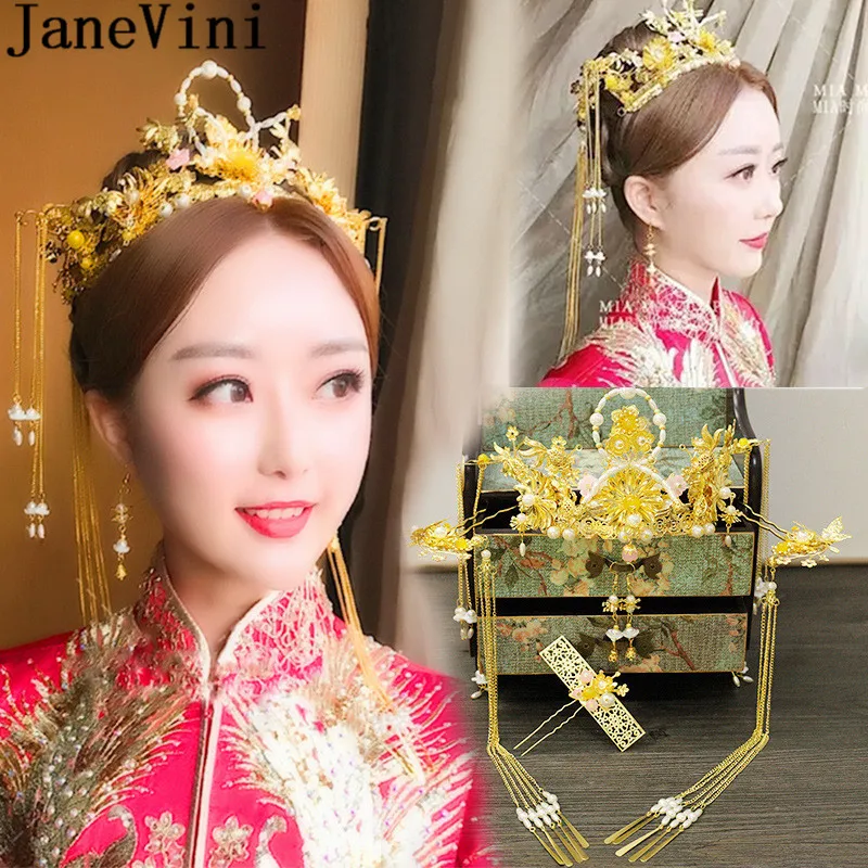 JaneVini Chinese Style Bride Wedding Headband Traditional Gold Long Tassel Wedding Party Headwear Bridal Crown and Earrings Set JaneVini Chinese Style Bride Wedding Headband Traditional Gold Long Tassel Wedding Party Headwear Bridal Crown and Earrings Set