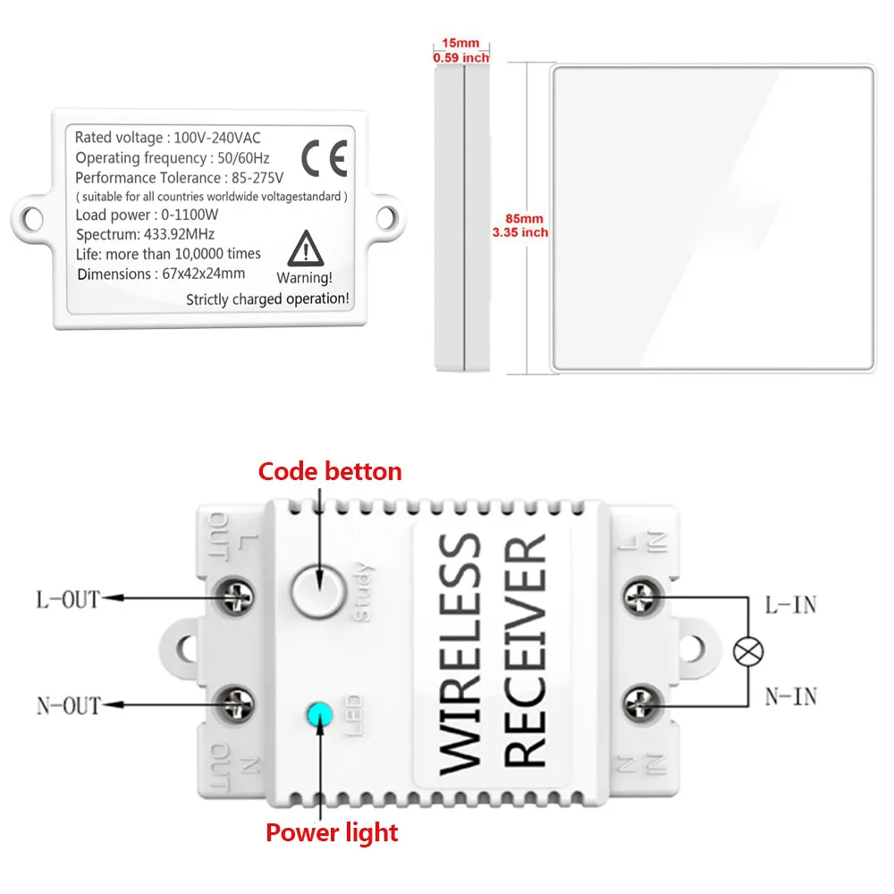 Mountainone Беспроводной дистанционного Управление выключатель света, Беспроводной приемник переключателя Панель 100V-240VAC 50/60 HZ