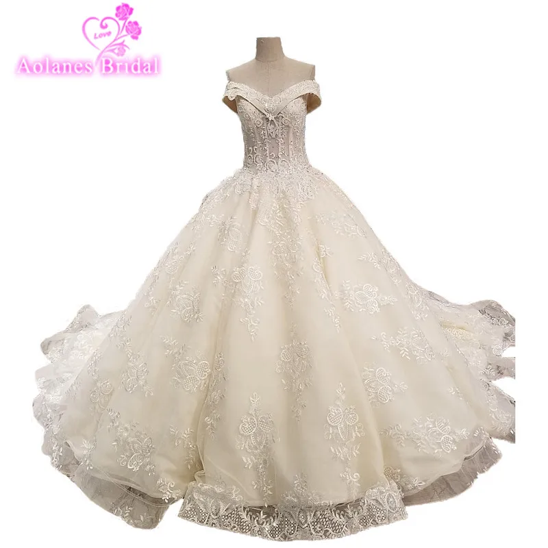 AOLANES 2018 Sleeveless Light Champagne Tulle Wedding Dresses Cathedral Train Lace Up Ball Gown Off The Shoulder Bridal Gowns | Свадьбы и