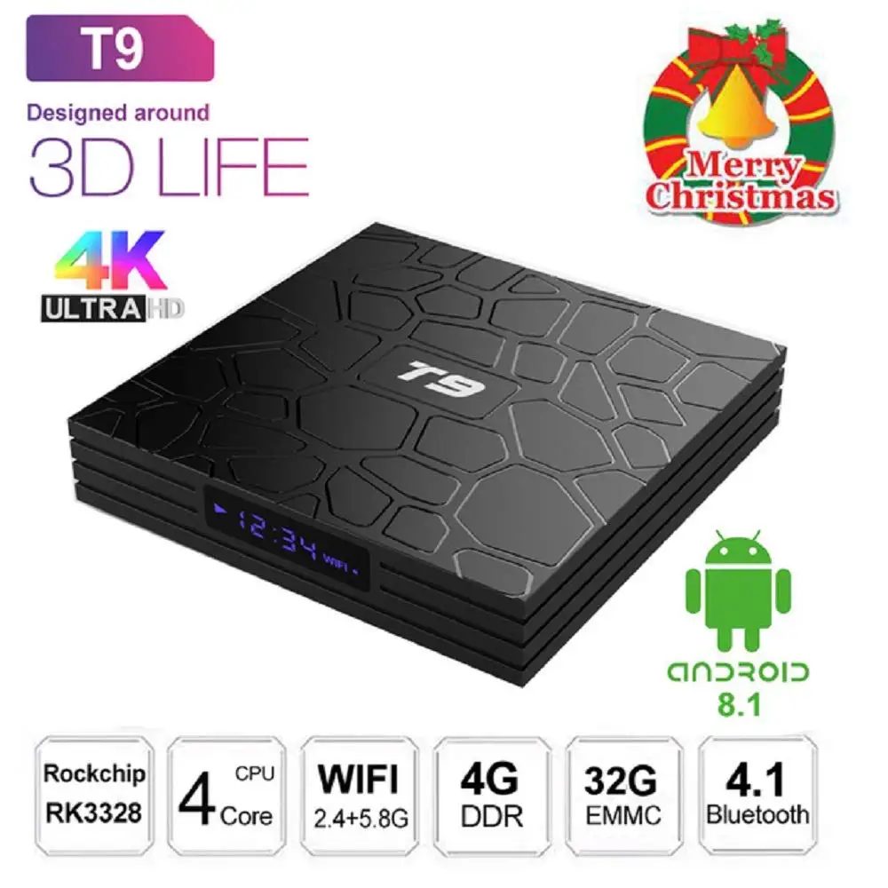 Android TV Box T9 Android 8.1 RK3328 4K Bluetooth TV Set Top Box 3D Media Player 4GB RAM 32GB ROM Digital Android TV Box Google