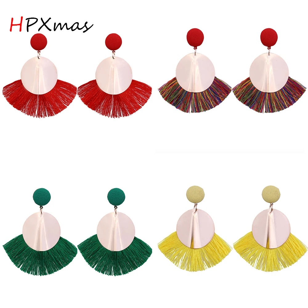 

HPXmas Handmade Round fan shape Round Red Black Bohemian Fringes Retro Tassel Stud dangle Party Earrings Women jewelry A77