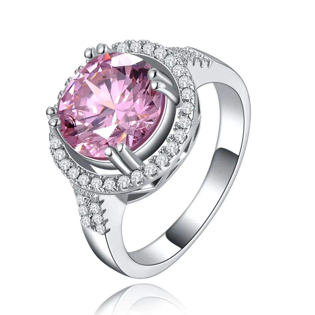 2017 ROUND pink zircon Silver Color women wedding engagement ring hot