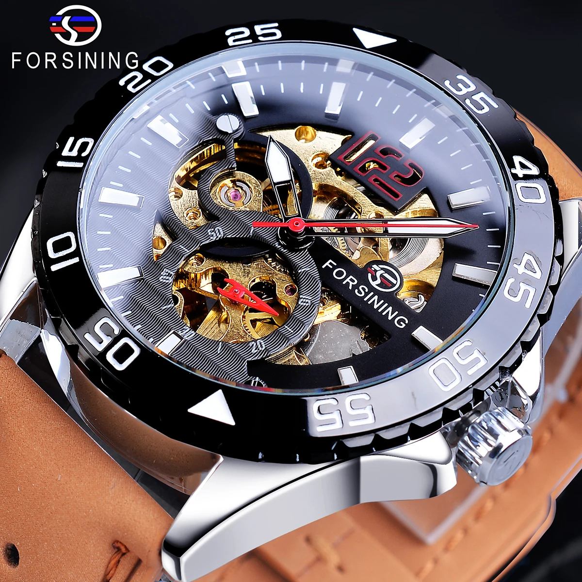 Forsining Creative Mechanical Sport Watches Men's Automatic Half Color Dial Brown Leather Band Racing Outdoor Watch Reloj Hombre_voghion.com
