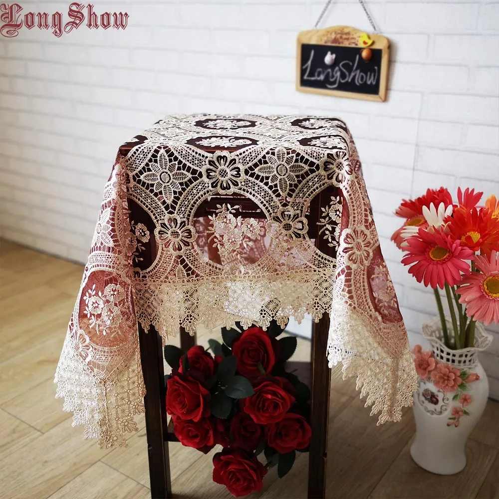 

LongShow Romantic European Style Beige Chrysanthemum Pure Organza Lace Trim Embroidered Tablecloth Wedding Decoration