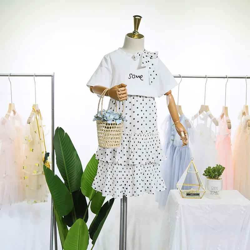 

Children's suit 2019 summer new Korean girl foreign currency letter T-shirt chiffon cake long dress two-piece suit